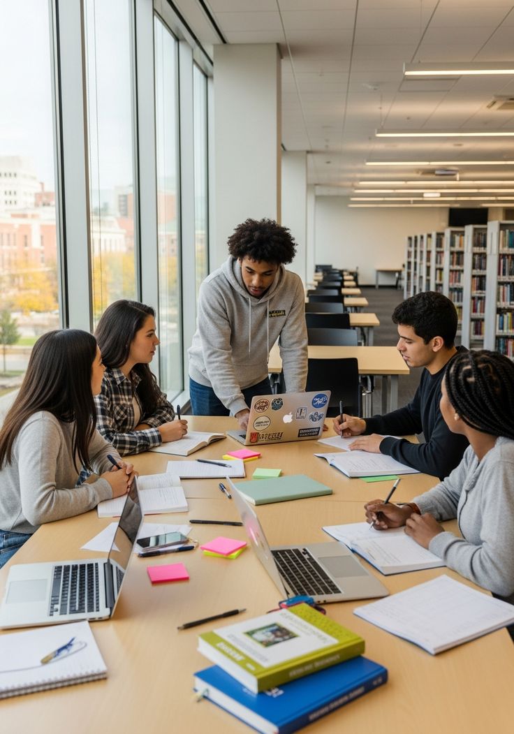 "University students working together on a group project in a library